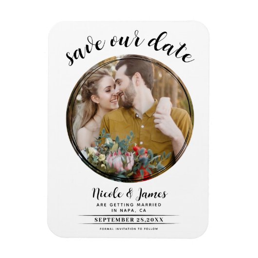 白と黒のモダン丸い写真日付を保存 マグネット (縦)