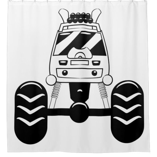 白と黒のモンスタートラックシャワーカーテン シャワーカーテン (正面)