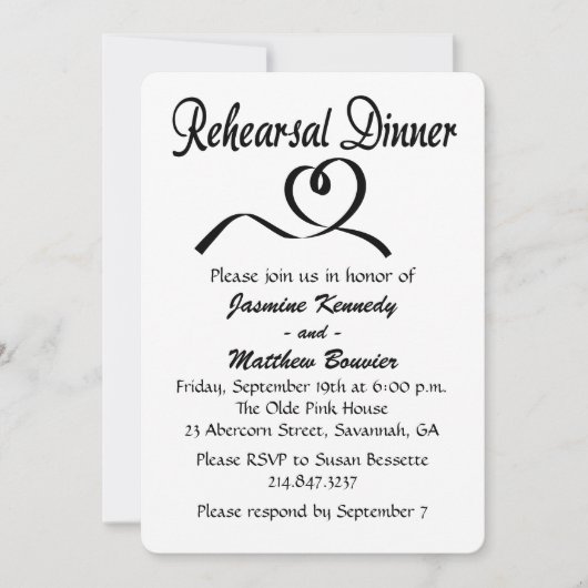 白と黒のリハーサルディナーの結婚ハート 招待状 (正面)