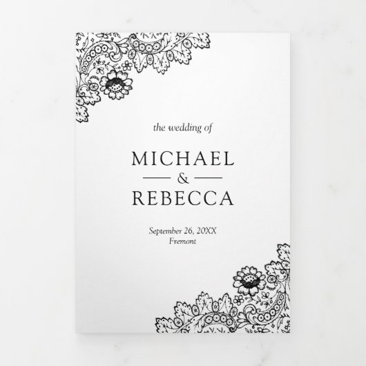 白と黒のレース結婚の写真 三つ折り招待状 (カバー)