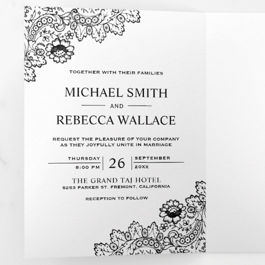 白と黒のレース結婚の写真 三つ折り招待状 (内部最初)