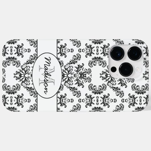 白と黒のヴィンテージダマスクパターンモノグラム Case-Mate iPhoneケース (裏面 (横))