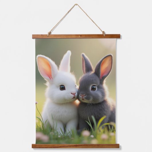 白と黒の可愛いベビーが草原に寝ている。 吊り下げ型タペストリー (正面)