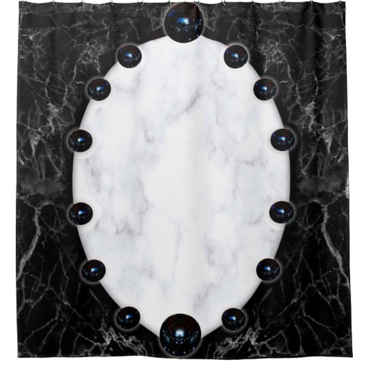 白と黒の大理石球体グラフィックス シャワーカーテン (正面)