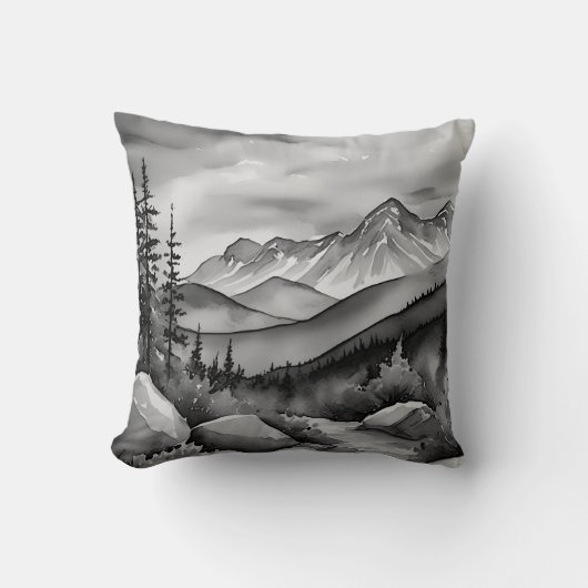白と黒の山絵画の風景 クッション (正面)