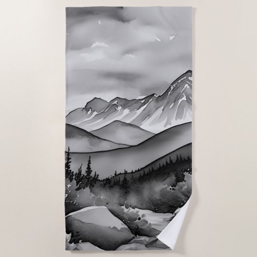 白と黒の山絵画の風景 ビーチタオル (正面)