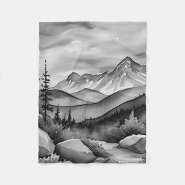 白と黒の山絵画の風景 フリースブランケット