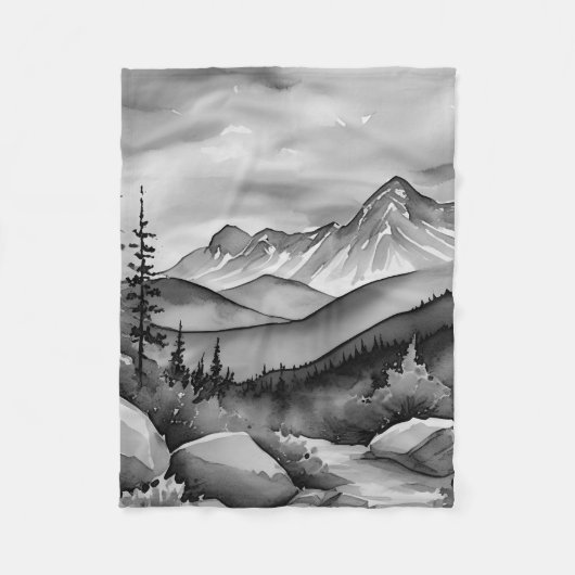 白と黒の山絵画の風景 フリースブランケット (正面)