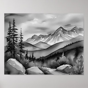 白と黒の山絵画の風景 ポスター