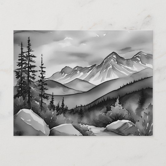 白と黒の山絵画の風景 ポストカード (正面)