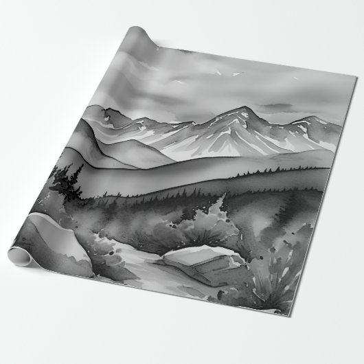 白と黒の山絵画の風景 ラッピングペーパー (アンロールド)