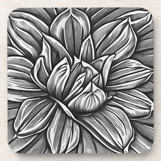 白と黒の巨大な牡丹の花模様 コースター (正面)