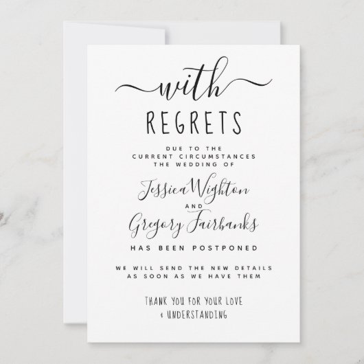 白と黒の後悔結婚が延期 招待状 (正面)