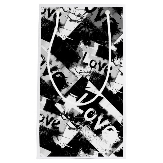 白と黒の愛の斑点パターン スモールペーパーバッグ (正面)