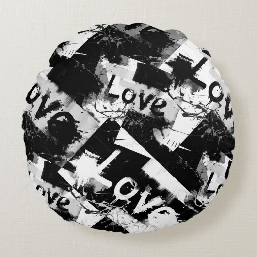 白と黒の愛の斑点パターン ラウンドクッション (正面)