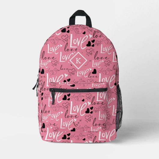 白と黒の愛タイポグラフィバレンタインのパターン プリントバックパック (正面)