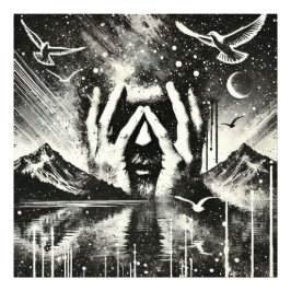 白と黒の手のひらに頭を持っている男 フォトプリント           