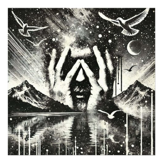 白と黒の手のひらに頭を持っている男 フォトプリント            (正面)