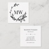 白と黒の手描きリースモノグラムスクエア スクエア名刺 (正面/裏面)