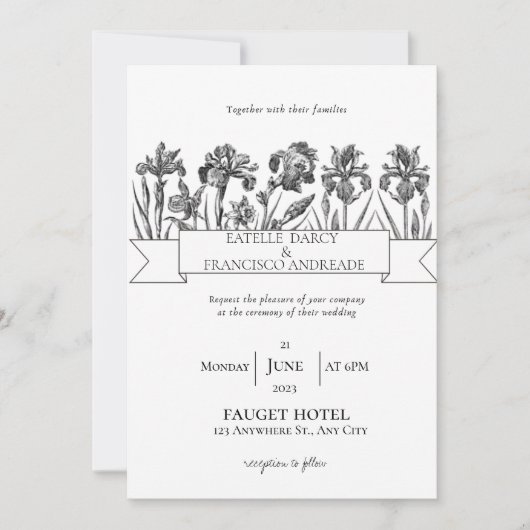 白と黒の手描き野結婚花 招待状 (正面)