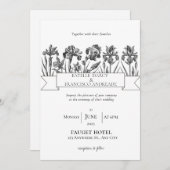 白と黒の手描き野結婚花 招待状 (正面/裏面)