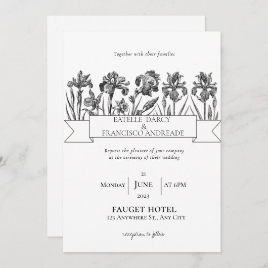 白と黒の手描き野結婚花 招待状 (正面/裏面)