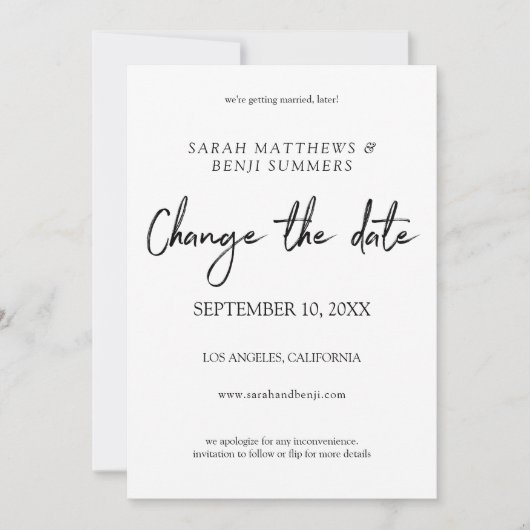 白と黒の手書き　日程変更 - 白 招待状 (正面)