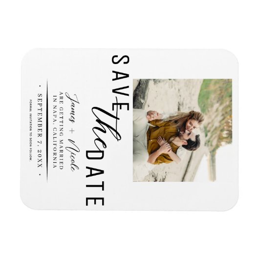 白と黒の日付写真の結婚保存 マグネット (横)