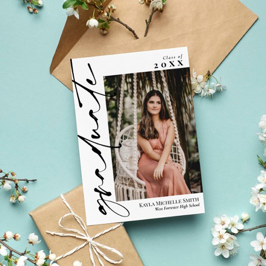 白と黒の書道写真卒業 招待状