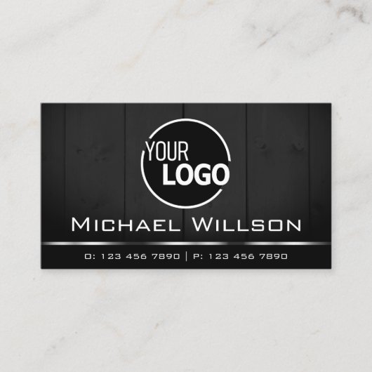 白と黒の木製ボード木目ルックロゴ 名刺 (正面)