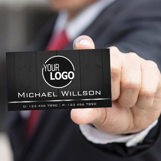 白と黒の木製ボード木目ルックロゴ 名刺