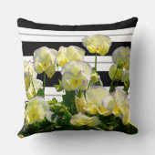 白と黒の枕の上に黄色のビオストライプラス クッション (裏面)