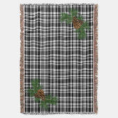 白と黒の格子縞 – 松の付いた詳細 スローブランケット (正面縦)