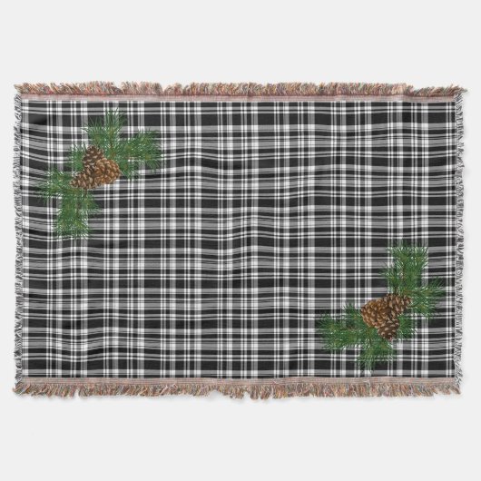 白と黒の格子縞 – 松の付いた詳細 スローブランケット (正面)