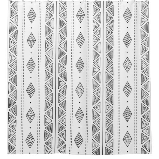 白と黒の泥布の部族インスパイア民族 シャワーカーテン (正面)