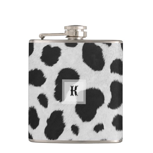 白と黒の牛の斑点のパターフェイクンのファーテクスチャ フラスク (正面)