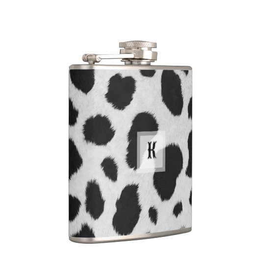 白と黒の牛の斑点のパターフェイクンのファーテクスチャ フラスク (右)