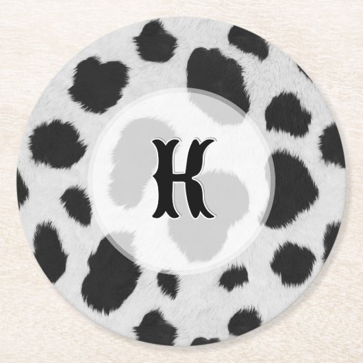 白と黒の牛の斑点のパターフェイクンのファーテクスチャ ラウンドペーパーコースター (正面)