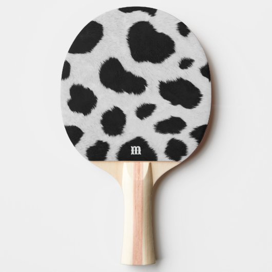 白と黒の牛の斑点のパターフェイクンのファーテクスチャ 卓球ラケット (正面)