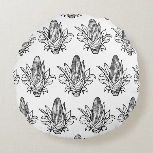 白と黒の甘いコーンコブアイコン ラウンドクッション (正面)