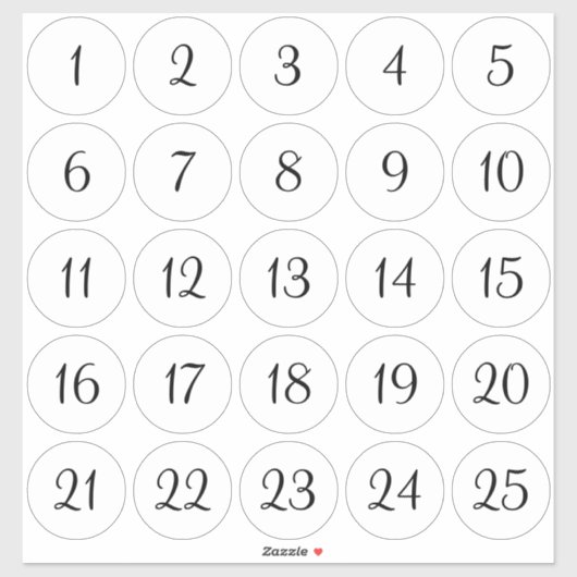 白と黒の番号付き丸シール 1 - 25 シール (シート)