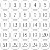 白と黒の番号付き丸シール 1 - 25 シール (正面)