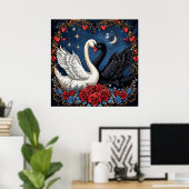 白と黒の白鳥とハートとバラ ポスター (ホームオフィス)