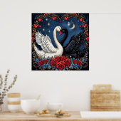 白と黒の白鳥とハートとバラ ポスター (キッチン)