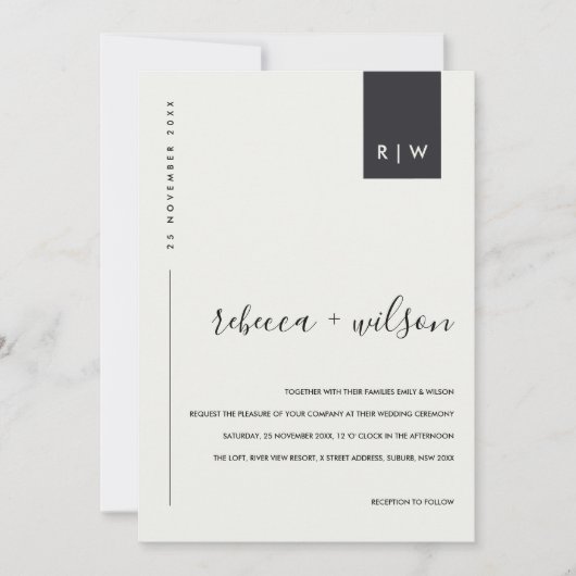 白と黒の結婚式のレセプション 招待状 (正面)