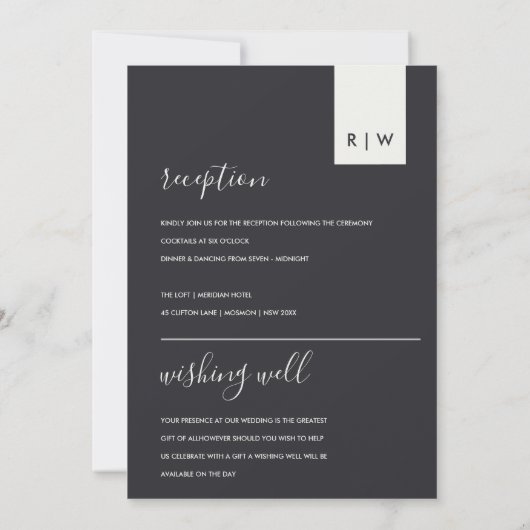 白と黒の結婚式のレセプション 招待状 (裏面)