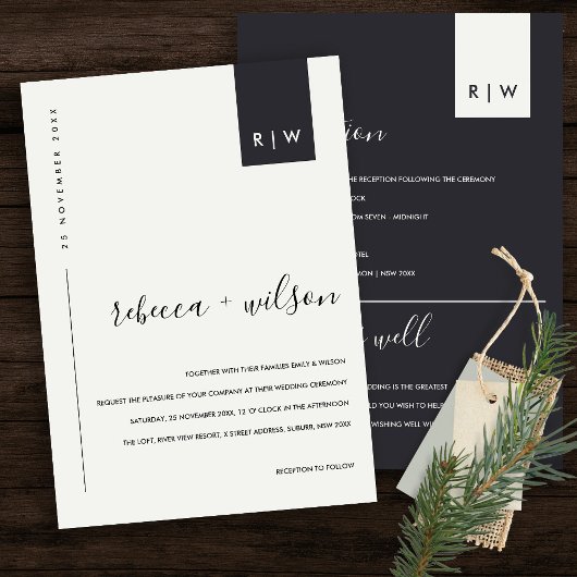 白と黒の結婚式のレセプション 招待状