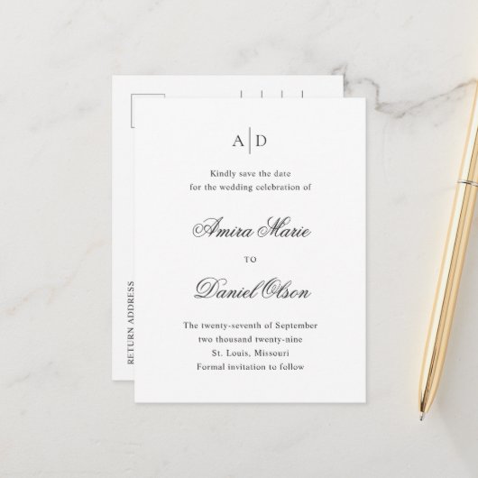 白と黒の結婚式をクリーン日付を保存 案内ポストカード (正面/裏面インサイチュ)