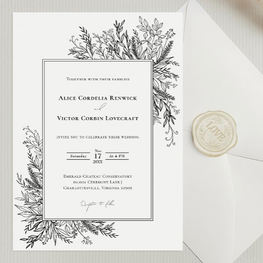 白と黒の結婚緑 招待状