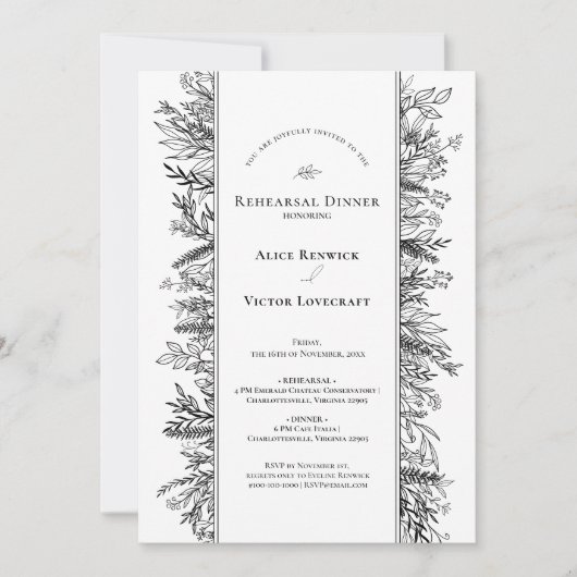 白と黒の緑のリハ結婚ーサルディナー 招待状 (正面)